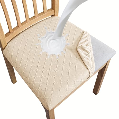 SPRINGRICO Juego de 2 fundas de asiento 100% impermeables para silla de comedor, color beige, lavables, fundas de cojín de asiento para sillas de cocina (paquete de 2, beige impermeable)