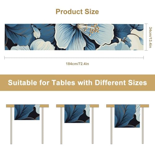 Chemin de table en lin imprimé fleur d'hibiscus bleu 183 cm maison - 3