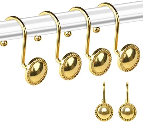 Gold Shower Curtain Hooks Rings, Shower Hooks for Curtain, Brass Decorative Shower Curtain Hooks, Rust Proof Shower Rings for Bathroom Shower Curtain and Liner, Set of 12