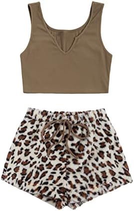 Verdusa Women's Notched Tank Top & Tie Front Teddy Shorts Lounge Pajama Set Plaid Leopard Multicolored M