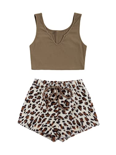 Verdusa Women's Notched Tank Top & Tie Front Teddy Shorts Lounge Pajama Set Plaid Leopard Multicolored M #TOP20