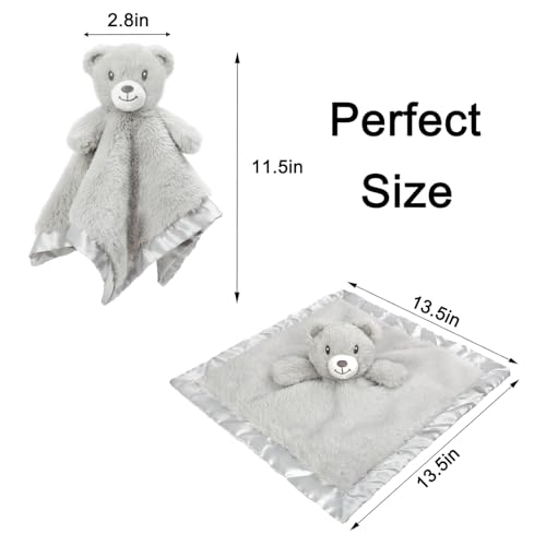 Image of Bear Baby Lovey Security Blanket for Boys Girls 16 Inch Grey | Soft Baby Lovey Fluffy Blanket with Satin Backing Unisex Snuggle Toy Stuffed Animal Shower Gift for Newborn Toddler Infant