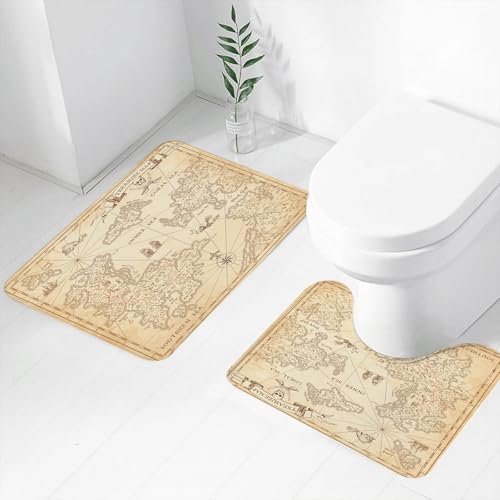 FEHWI Alfombra Baño 2 Piezas,Alfombrilla Antideslizante y Secado Rápido Lavable,Alfombrilla para Bañera,Baño,Ducha,WC,Mapa, Mapa del Tesoro Grunge Antiguo Muy detallado, Aventura, Isla de navegación
