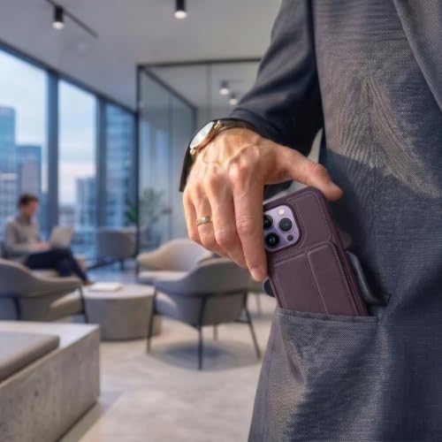Image of amazon basics Luxury Vegan Leather Back Cover for iPhone 11 Pro Max | Built-in Card Holder Slot | Integrated Mobile Stand | Slim Shockproof Protective Case with Stitched Finish - Purple