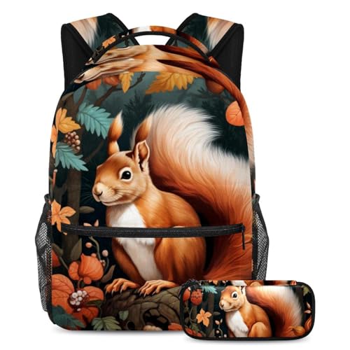 Cartable écureuil mignon pour enfant avec trousse à crayons assortie - Lot de 2