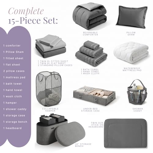 Hearth & Harbor 15 Piece Complete Dorm Room Set, Twin XL Comforter Set, Includes Sheet Set, Mattress Protector, Headboard, Towels, Organizers & Ottoman Storage Bench - All Dorm Accessories Included by Hearth & Harbor - Used condition - Image 3