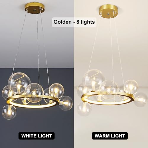 DELIPUSHI Lustre moderno de LED dourado de 8 luzes, candelabro de meio século, globo de vidro transp