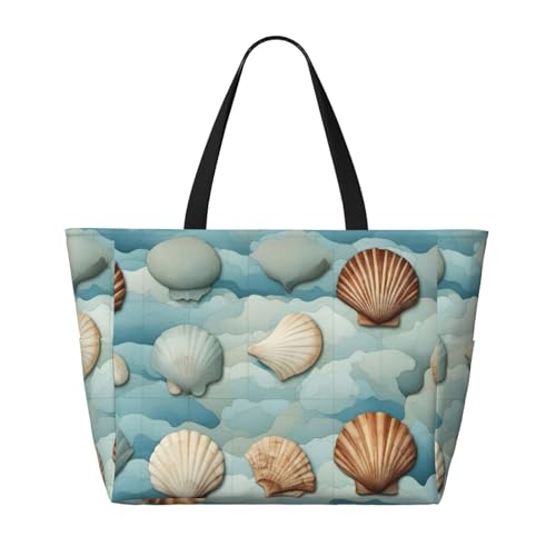 Sea Shell Print Waterproof Beach Bag For Womentote Bag Zipper And Pockets For Travel Vacation2
