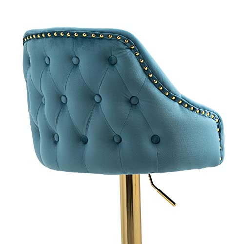 Ssline Upholstered Velvet Barstool Modern Swivel High Bar Chair With Tufted Back & Footrest Adjustable Kitchen Counter Height Stools W/Stylish Rivets Edge For Dining Room Home Bar -Teal&Golden #TOP6