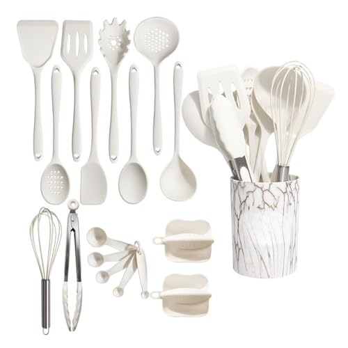 Set de 18 utensilios cocina silicona con mango madera y soporte accesorios esenciales para grado alimentario resistentes al calor antiadherentes