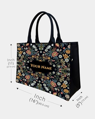 Image of Royal Charm Voguish Customized Tote Bag | HD Printed Floral Black Tote | Personalized Name Tote | Large 16x11x5 Inch Shoulder Bag | Gift for Women
