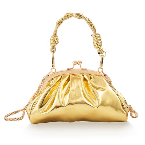 Image of BRYCTSISEN Pleated Evening Vegan Leather Clutch Handbag Purse Metallic PU Cloud Shoulder Bag for Women Evening Purse Handbag