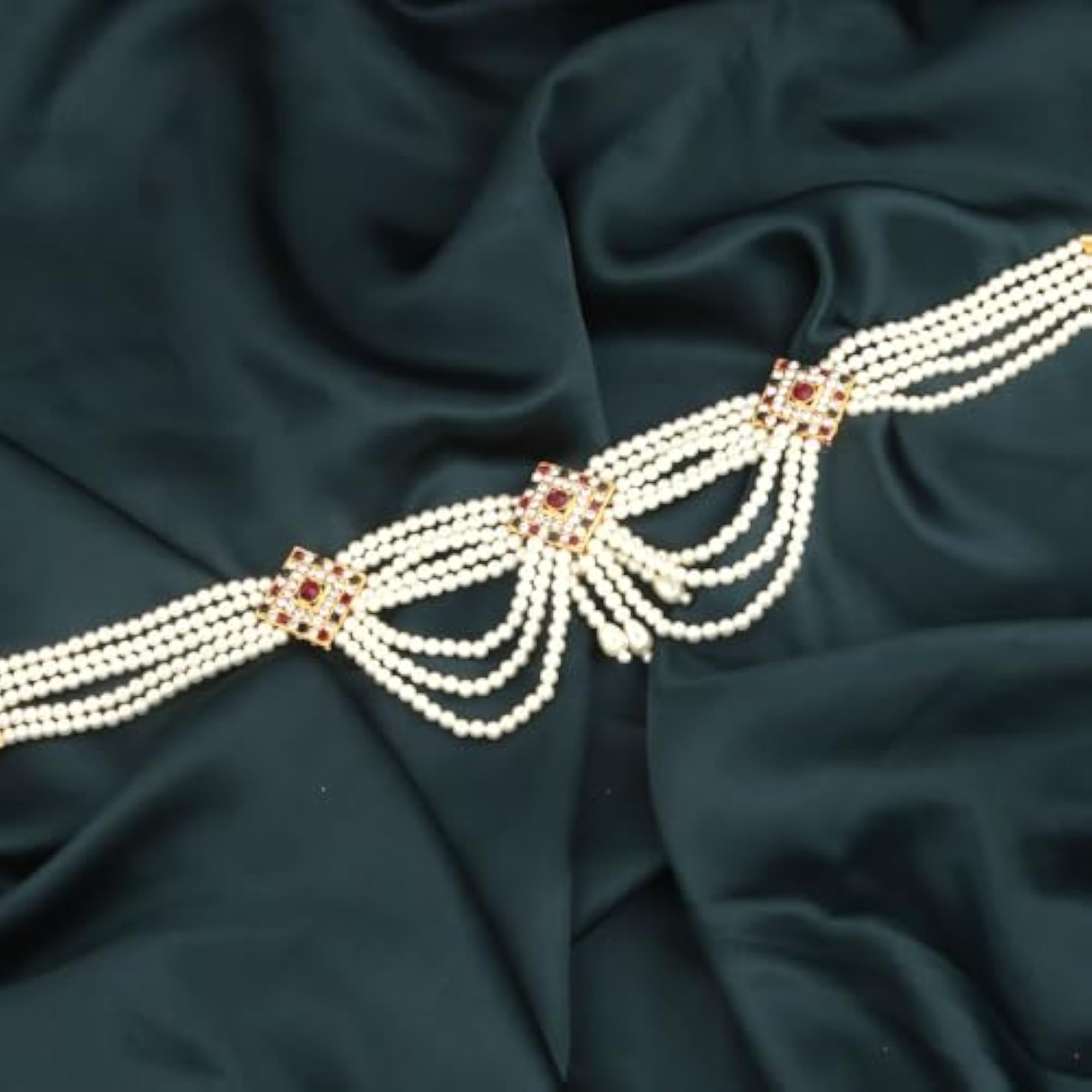 Classy Beads and Studded Red and Green Stone Kamarpata