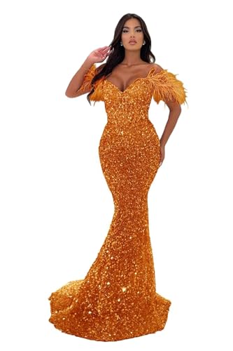 Image of Sequin Feathers Mermaid Prom Dresses 2026 Off Shoulder Sparkly Long Formal Evening Party Gowns with Train