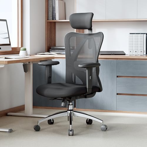 SIHOO M18 Ergonomic Office Chair, Adjustable Headrest & Lumbar Support, High Back Mesh Desk Chair, Height Adjustable Armrests, Swivel Computer Chair for Home Office, Deep Black