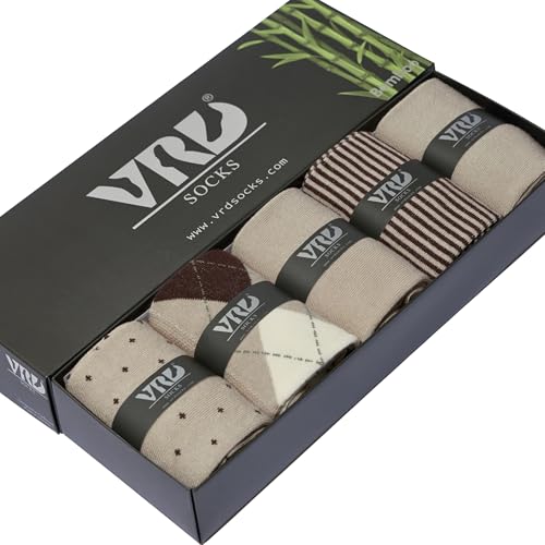 VRD Bamboo Mens Dress Socks for Men, 5 Pack, Assorted Pattern Crew Length Mid-Calf Socks, Mens Shoe Size 8-13