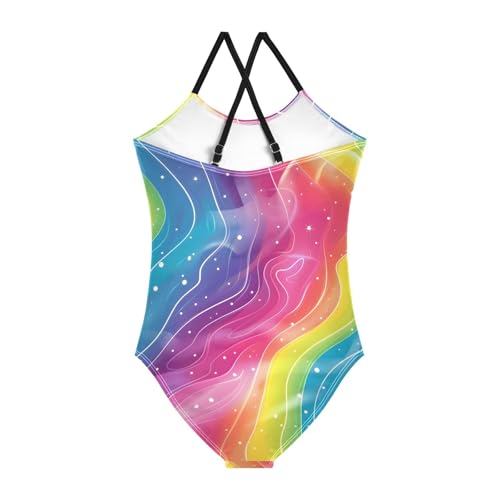 Bolaz Girls Swimsuits One-Piece Bathing Suits Multicolor Kids Sport Summer Beach Swimwear for 3-10 Years Old-Rainbow Pattern Cartoon Sticker Hand-Painted Illustration Aurora Glow 2D2