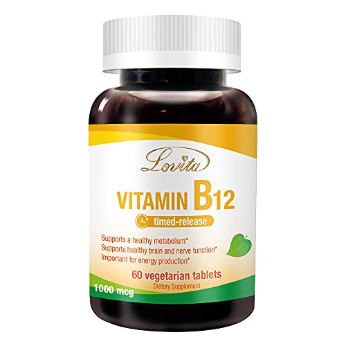 Lovita Vitamin B12 1000 mcg (B12 Vitamins as Cyanocobalamin), Timed Release B12, Vegan-Friendly, Supports Nervous System, 60 Vegetarian Tablets (2 Month Supply)