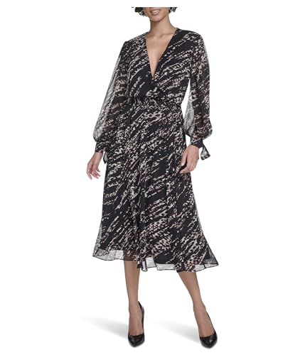 Calvin Klein, Womens, Long Sleeve Chiffon Shirtdress, Black Multi, 8