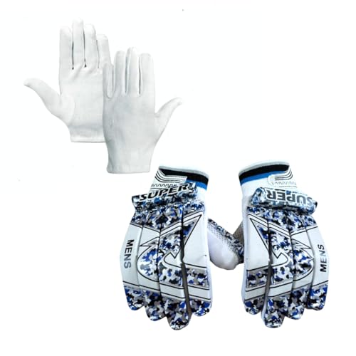 Image of Combo of Cricket Club Youth Super Batting Gloves & Cotton Inner Right Handed Lightweight- PVC Material,White Leather,Cotton Palm Best for Beginners- Moulded Fiber Shells with High Density Foam