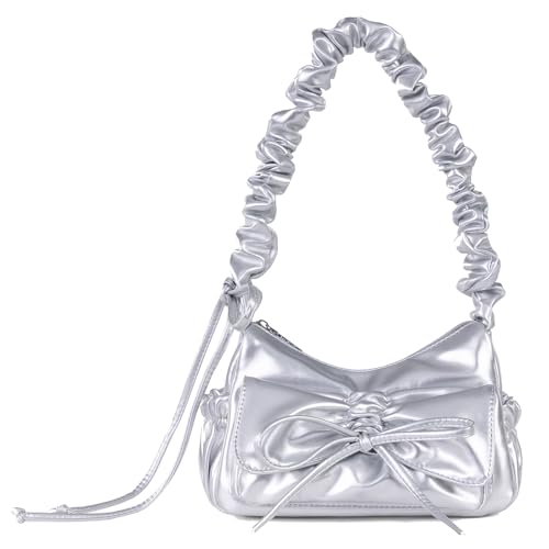 Image of Women's Y2k Silver Metallic Hobo Purse - Sparkly Evening Shoulder Bag for Party, Wedding, Going Out Handbag | Metallic Evening Bag