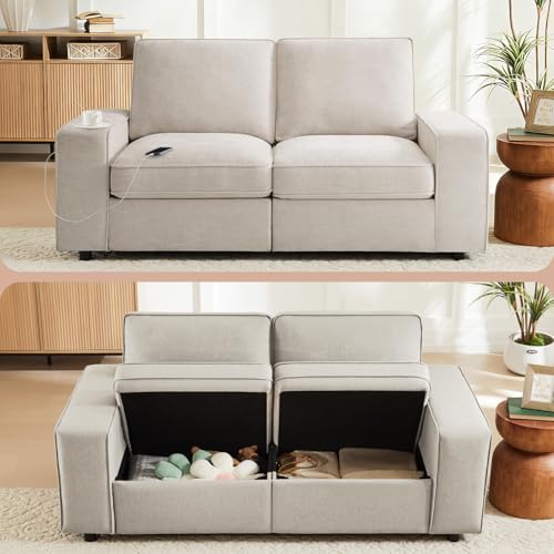 Image of Waxberry 71 inch Chenille Loveseat Sofa Couch for Living Room with Seat Storage, Modern 2-Seater Deep Seat Sofa with Side Pockets & Type-C /USB Ports, Detachable Backrest for Office, Apartment (Beige)