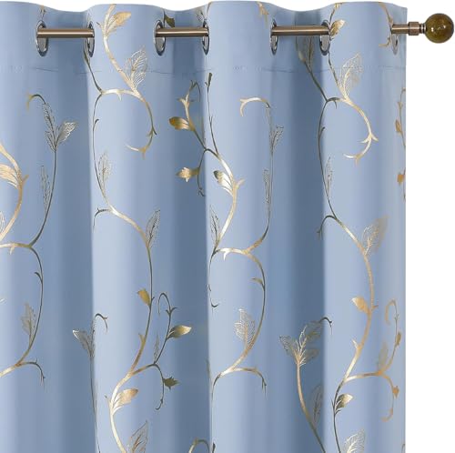 BUHUA Blackout Curtains Gold Foil Print Flower Vine Grommet Drapes, Room Darkening Thermal Insulated Curtains, Noise Reducing Curtain for Bedroom, Blue, 52Wx108L, 2 Panels