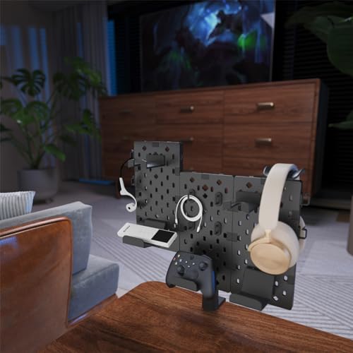 Image of PEGZONE Modular Headphone and Controller Holder for Game, Clamp-on Pegboard, Rotatable Controller Stand with Cable Hooks, Gaming Accessory for Xbox PS5 PS4 Nintendo Switch, 3Pcs Pegboard, Black