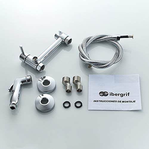 Ibergrif M22012- WC Set avec Flexible, Support, Douchette, Eau Chaude et Froide, Chromé, Argent