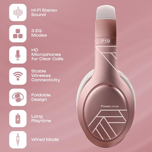 PowerLocus Słuchawki nauszne Bluetooth, bezprzewodowe słuchawki z mikrofonem, 3 tryby EQ, 60 godzin odtwarzania, składane, materiałowa opaska na głowę, stereo Hi-Fi, do pracy, podróży, PC