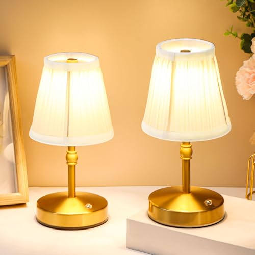 Image of Liliful 2 Pcs Cordless Table Lamp Rechargeable Touch LED Small Gold Portable Battery Operated USB-c Desk Lamp 3 Color Dimmable for Bedroom Living Room Dining (Gold,Weaving Style)