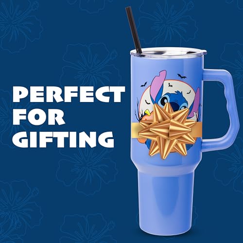 Image of Silver Buffalo Disney Lilo and Stitch Halloween Spooky Pumpkin Jack-O-Lantern Double Walled Stainless Steel Tumbler with Handle and Straw, Fits in Standard Cup Holder, 40 Ounces