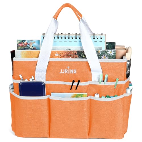 Image of JJRING Craft Organizer Tote Bag, Large Art Storage Caddy with Multiple Pockets, Orange Sewing Bag for Art, Craft, Scrapbooking, School, Medical, and Office Supplies Storage