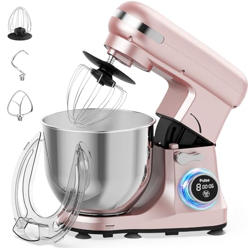 MoraRise 6.5L Stand Mixer with LCD Timer, 1400W Food Mixer Dough Blender with Bowl, 8-Speed + Pulse, Dough Hook, Beater & Whisk, Tilt-Head Electric Cake Mixer for Baking (Gold Rose)