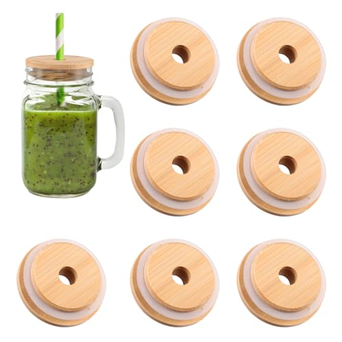 DOITOOL 8 Pcs 70mm Bamboo Jar Lids with Straw Hole for Glass Cups