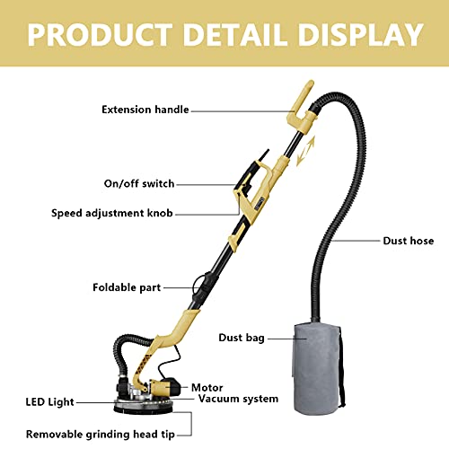 Yattich Drywall Sander, Electric Motor Sander, 7 Variable Speed, 1000-1850Rpm With Led Light, Extendable Handle, 12 Sanding Discs, With Automatic Dust Removal System And Carrying Bag, Yt-917 #TOP1
