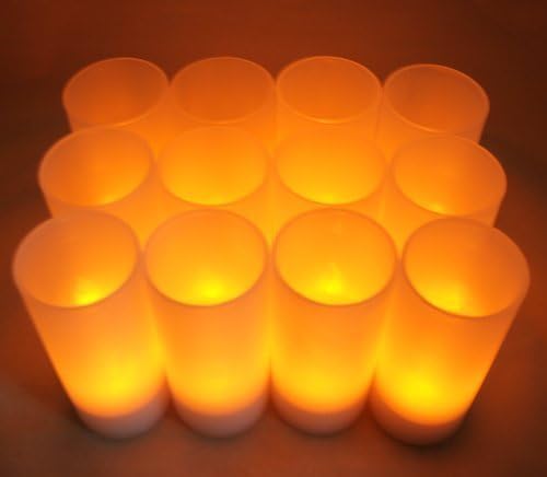 Set of 12 Restaurant Quality Rechargeable Tealights/Flickering Amber LEDs + 12 Frosted Holders Safe Flameless Ambience Candles for Parties, Special Events, and Decoration