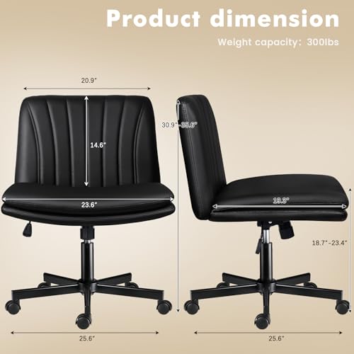 LEMBERI Armless Office Desk Chair with Wheels,Faux Leather Cross Legged Wide Chairs, Mid Back Swivel Computer Task Chairs for Home Office,Make Up,Small Space,Bed Room, Black