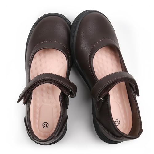 Tobfis Girl's Mary Jane Flats Lightweight School Uniform Shoes Brown Dress Shoes,Synthetic Leather Brown,11 M US Little Kid