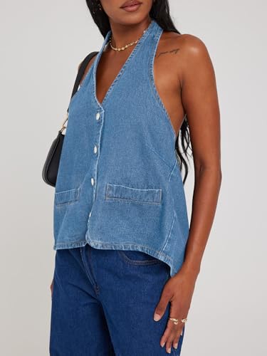Image of Tankaneo Womens Halter Denim Vest Tops Summer Sleeveless Open Back Y2K Going Out Jean Tank Tops V Neck Button Up Waistcoat