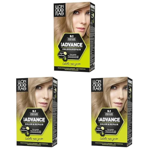 Llongueras Color Advance Tinte Pelo Mujer Coloración Permanente Color Intenso hasta 5 semanas - Tono 9.1 Rubio Claro Claro Ceniza (Paquete de 3)
