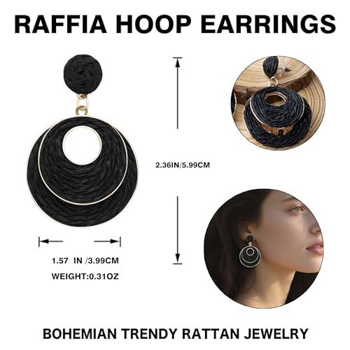 Image of Raffia Hoop Earrings for Women - Boho Straw Wiker Dangle Drop Earrings for Summer Beach, Bohemian Trendy Rattan Jewelry