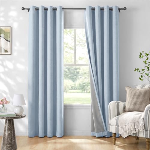 Image of 100% Blackout Blue Curtains 84 Inch Long 2 Panels Set, Chambray Blue | 100% Blackout Shield, Light Blocking, Thermal Insulated, Grommet Top, Window Curtains for Bedroom, Linen Textured, 50 inchx84 inch