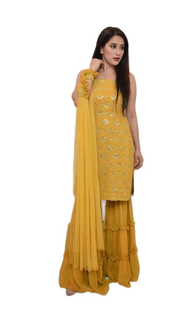 YAZU LIFESTYLE Kurta With Sharara And Dupatta Set For Women | Sharara Set For Women | Georgette Sharara Set | Sharara With Short Kurti