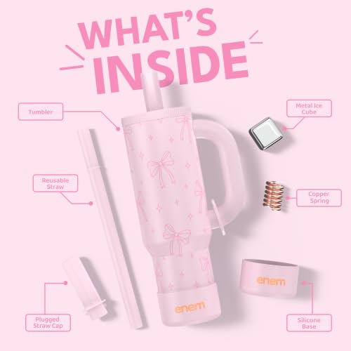 Image of enem Bow Blush Plugged Straw Tumbler with Handle, Stainless Steel Large Travel Mug Water Cup, Mug Travel with 1 Metal Ice Cube, 1 Copper Spring (Tamba) & Base Protector, 1.2L