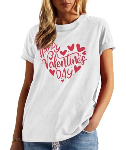 Image of Aluvee Womens Valentines Day Shirt Happy Valentine Love Heart Print Tee Cute Girls Valentines Gift Top White B, X-Large