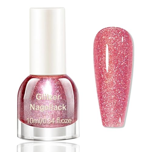 Pinker Glitzer Nagellack - Schnell trocknende & lang anhaltende Nagellack auf Wasserbasis - Nail Polish für DIY Nageldesign, kein UV-Lampe für Nail Art DIY Nagelkunst Maniküre zu Haus, Farblack (PINK)