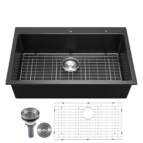 VEVOR 33 inch Kitchen Sink Workstation, Top Mount Granite Sinks, Drop-in Single Bowl Farmhouse Basin with Multiple Accessories, Household Dishwasher Sinks for RV, Prep Kitchen, and Bar (Black) by VEVOR - Used condition - CA$243.30