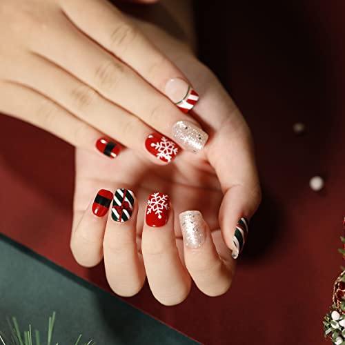 Christmas Press on Nails Short Coffin False Nails Xmas Snowflake Pattern Fake Nails Manicure Full Cover Detachable Nail Tips Acrylic Fake Nails with Glue for Women and Girls (Style A)