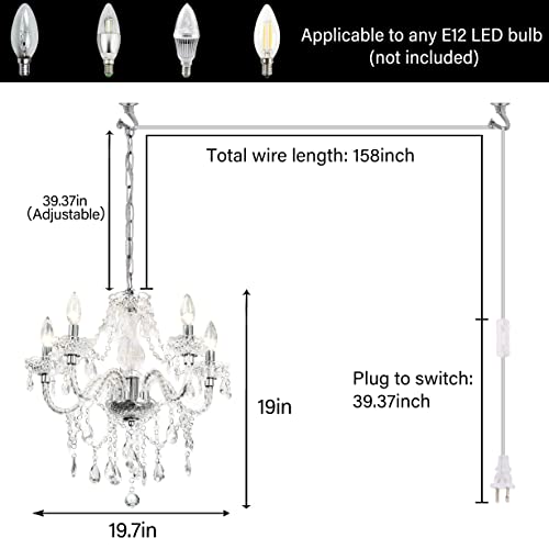PAPAYA Plug-in 5 Light Crystal Hanging Pendant Lights Acrylic Chandelier with Clear Cord & On/Off Switch H19 D19.7 for Kitchen Island Girls' Room Dining Area Laundry Pavilion. - Image 3